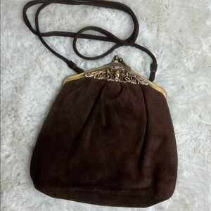 Vintage ETRA Genuine Brown Leather (Suede) Frame Kiss Lock Shoulder Bag Purse
